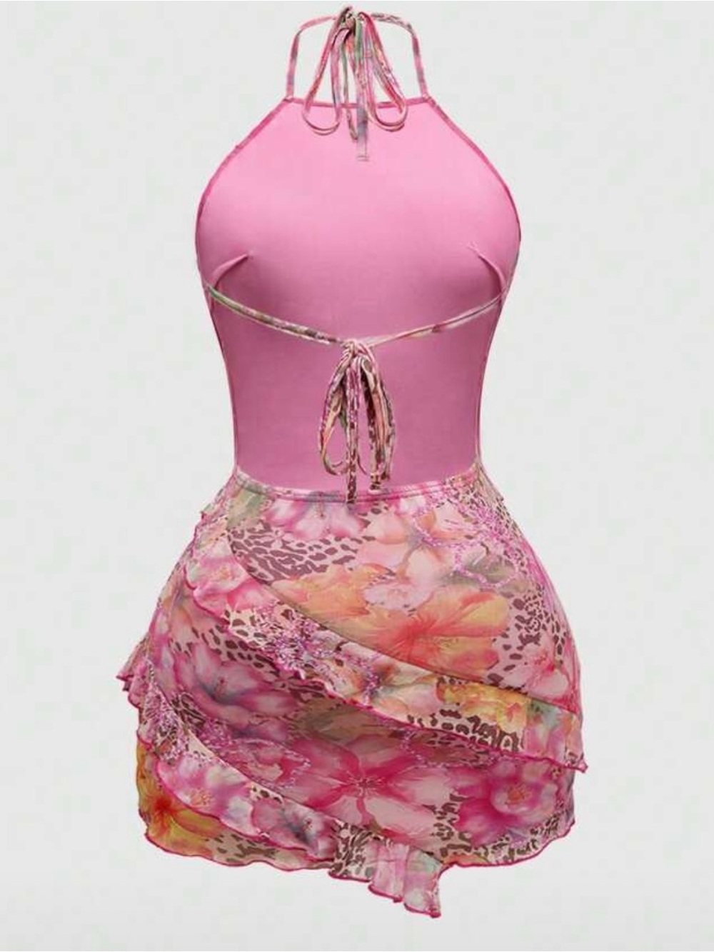 Floral Pink Ruffle Halter Mini Dress - Picture 2 of 4
